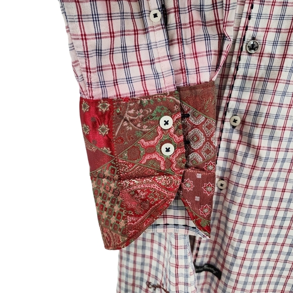 English Laundry Men's 100% Cotton Flip Cuffs Grid Print Button Front Shirt - L - Picture 6 of 10